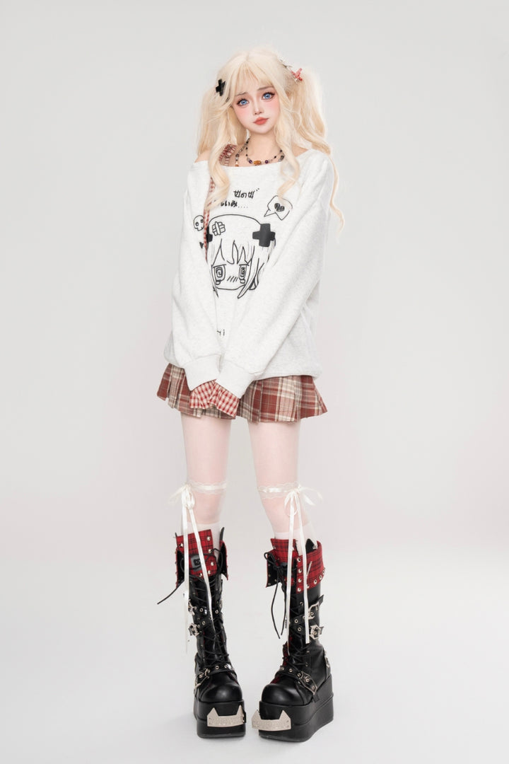 White Subculture Niche Anime Print Off-Shoulder Long Sleeve Top