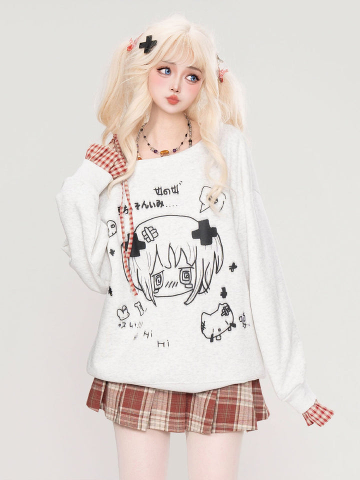 White Subculture Niche Anime Print Off-Shoulder Long Sleeve Top