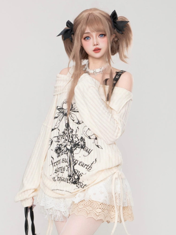 Cross Rose Distressed Style Lazy Spring Base Layer Top