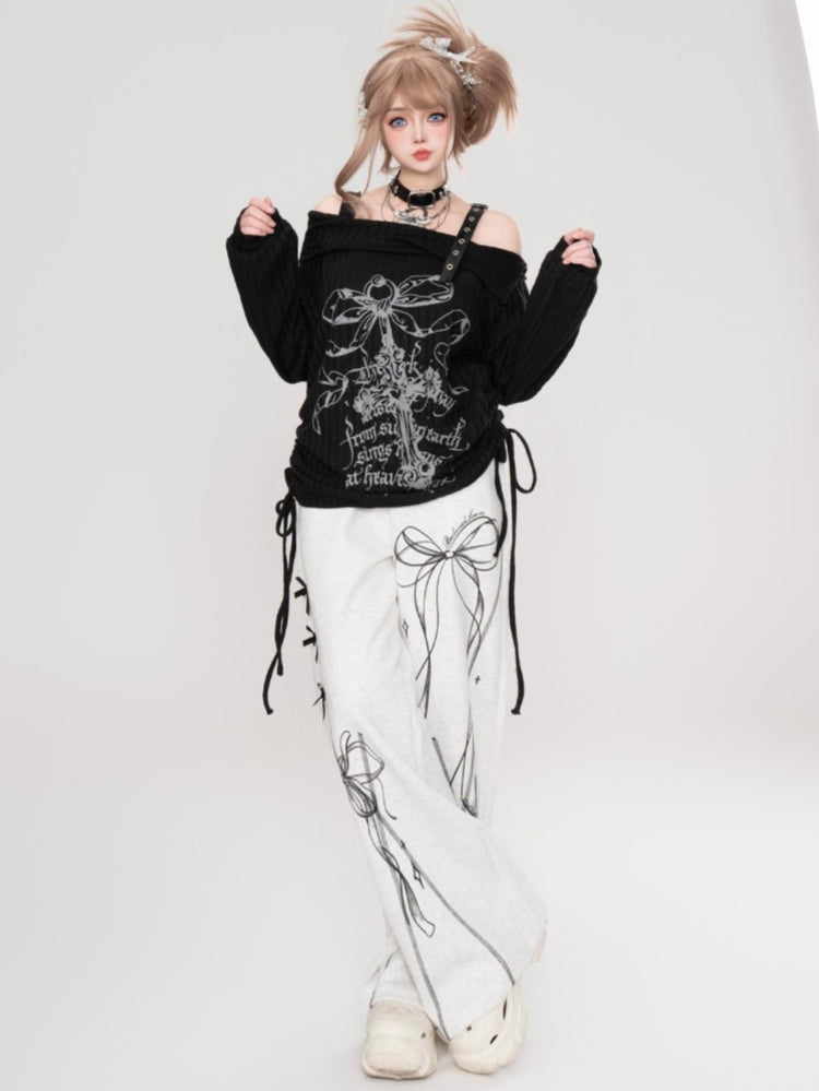 Black Cross Rose Distressed Style Lazy Spring Base Layer Top