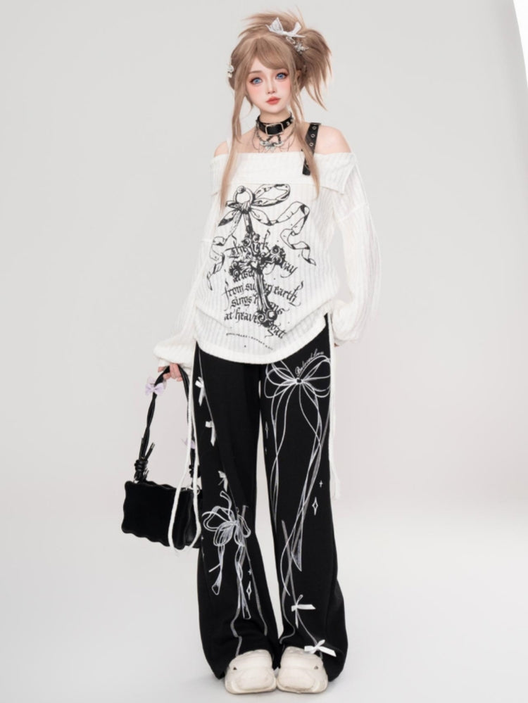 Gray Cross Rose Distressed Style Lazy Spring Base Layer Top