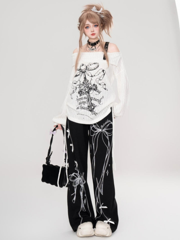Gray Cross Rose Distressed Style Lazy Spring Base Layer Top