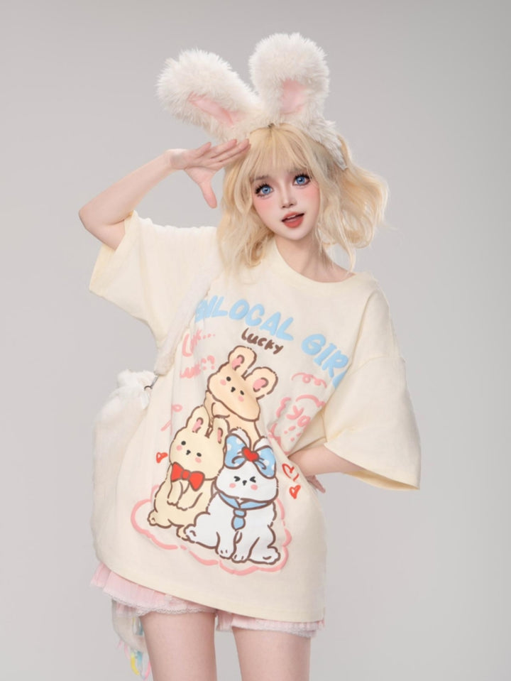 Cute Bunny Letter Print Short-Sleeve Loose Round Neck T-Shirt