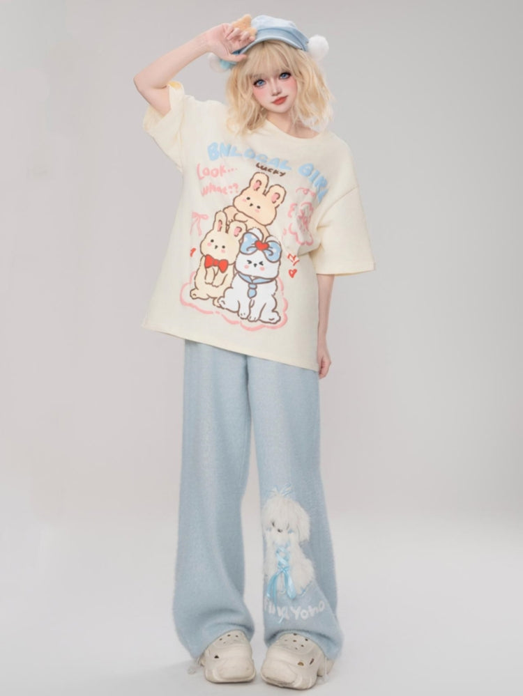 Cute Bunny Letter Print Short-Sleeve Loose Round Neck T-Shirt