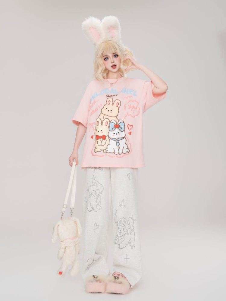 Pink Bunny Letter Print Short-Sleeve Loose Round Neck T-Shirt