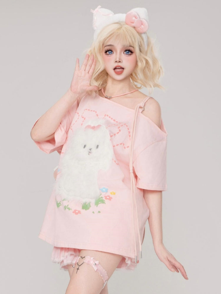 Maltese Patch Short-Sleeve Loose Round Neck Pink T-Shirt