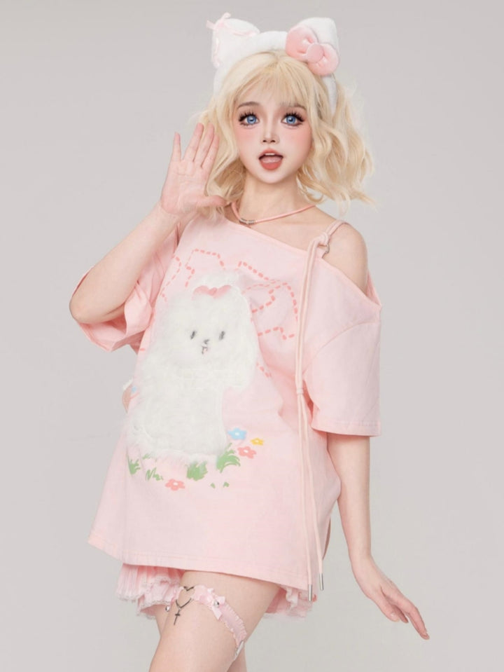 Maltese Patch Short-Sleeve Loose Round Neck Pink T-Shirt