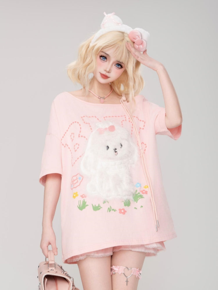 Maltese Patch Short-Sleeve Loose Round Neck Pink T-Shirt