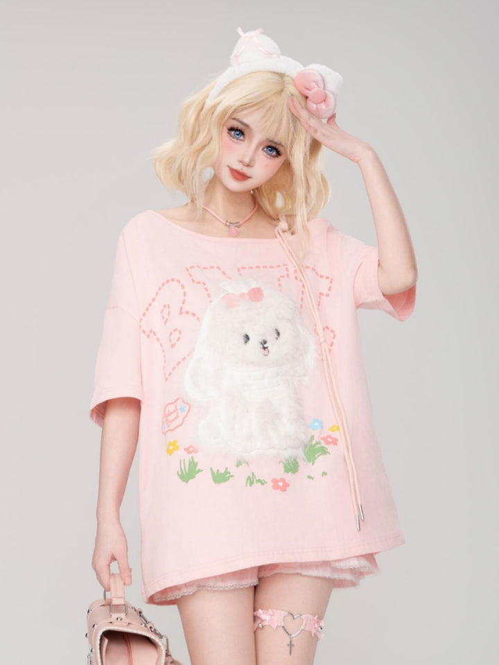 Maltese Patch Short-Sleeve Loose Round Neck Pink T-Shirt