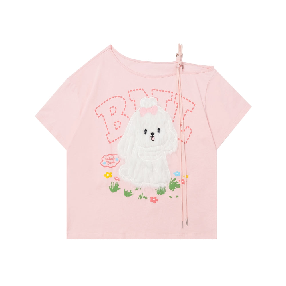 Maltese Patch Short-Sleeve Loose Round Neck Pink T-Shirt