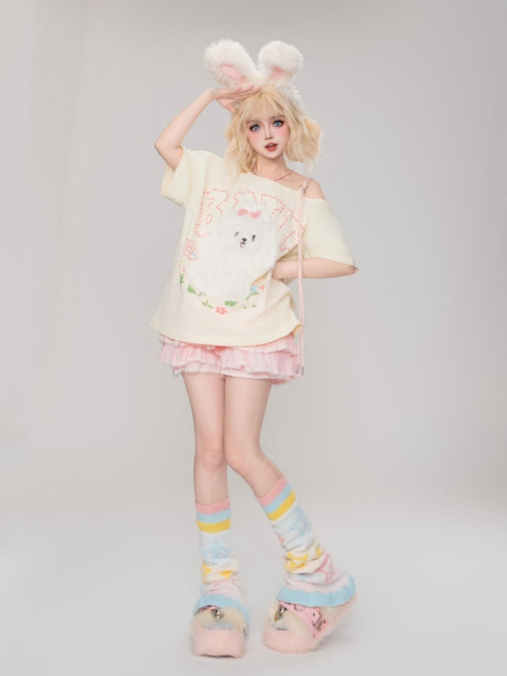 Cute Maltese Patch Short-Sleeve Loose Round Neck T-Shirt