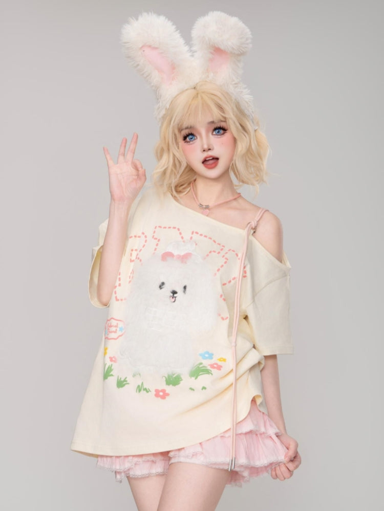 Cute Maltese Patch Short-Sleeve Loose Round Neck T-Shirt