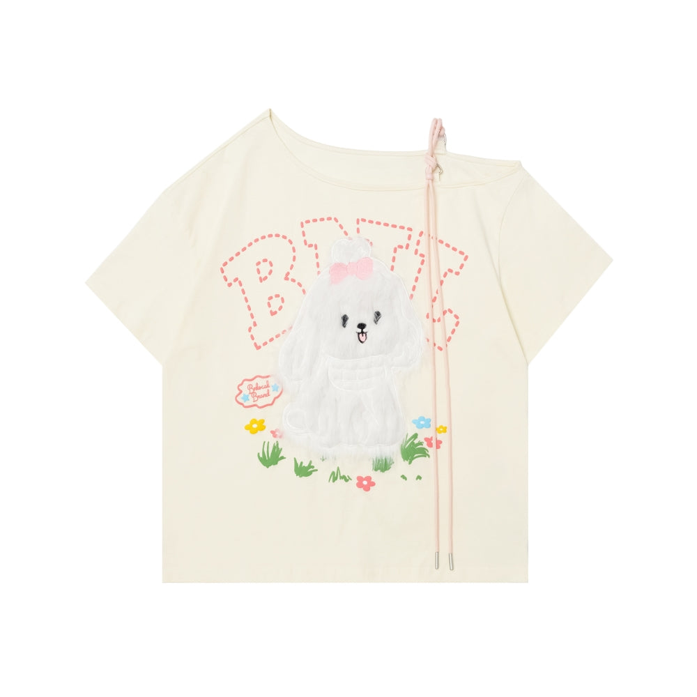 Cute Maltese Patch Short-Sleeve Loose Round Neck T-Shirt