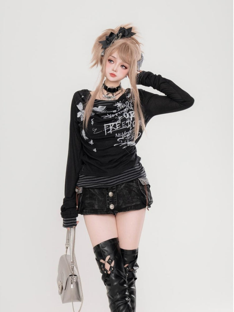 American Style Fake Two-Piece Striped Long-Sleeve T-Shirt Black