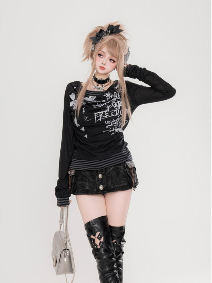 American Style Fake Two-Piece Striped Long-Sleeve T-Shirt Black