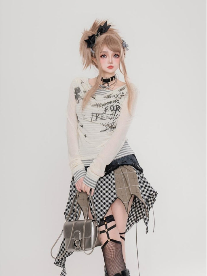 American Style Fake Two-Piece Striped Long-Sleeve T-Shirt Apricot