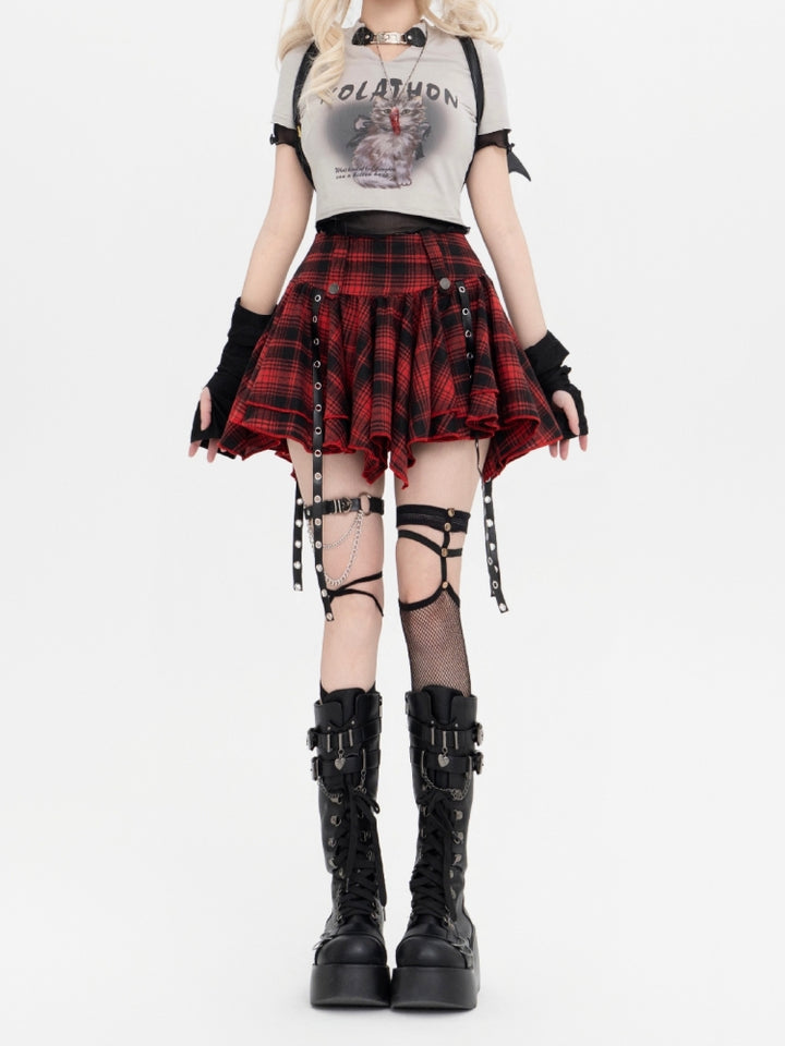 Red and Black Plaid Punk Style Metal Buckle Short Skirt