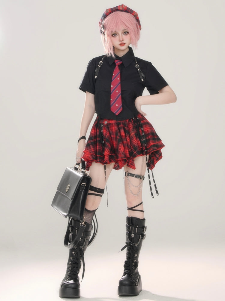 Red and Black Plaid Punk Style Metal Buckle Short Skirt