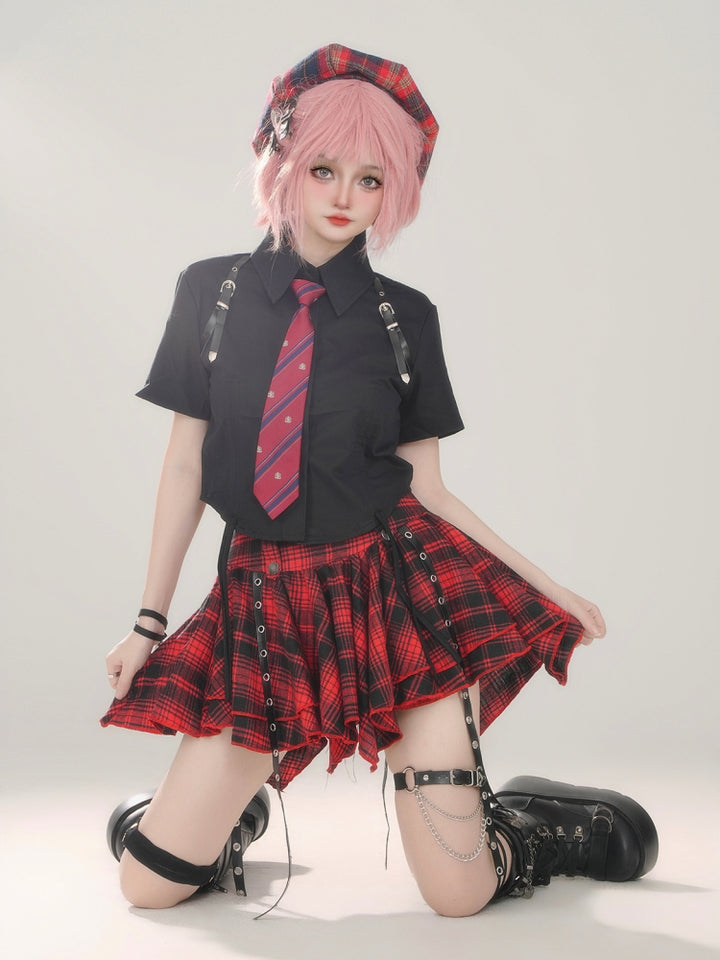Red and Black Plaid Punk Style Metal Buckle Short Skirt