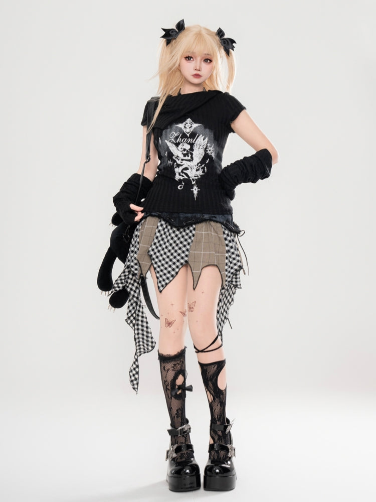 American-Style Hot Girl Plaid Patchwork Ribbon Denim Skirt