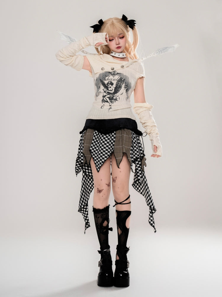 American-Style Hot Girl Plaid Patchwork Ribbon Denim Skirt