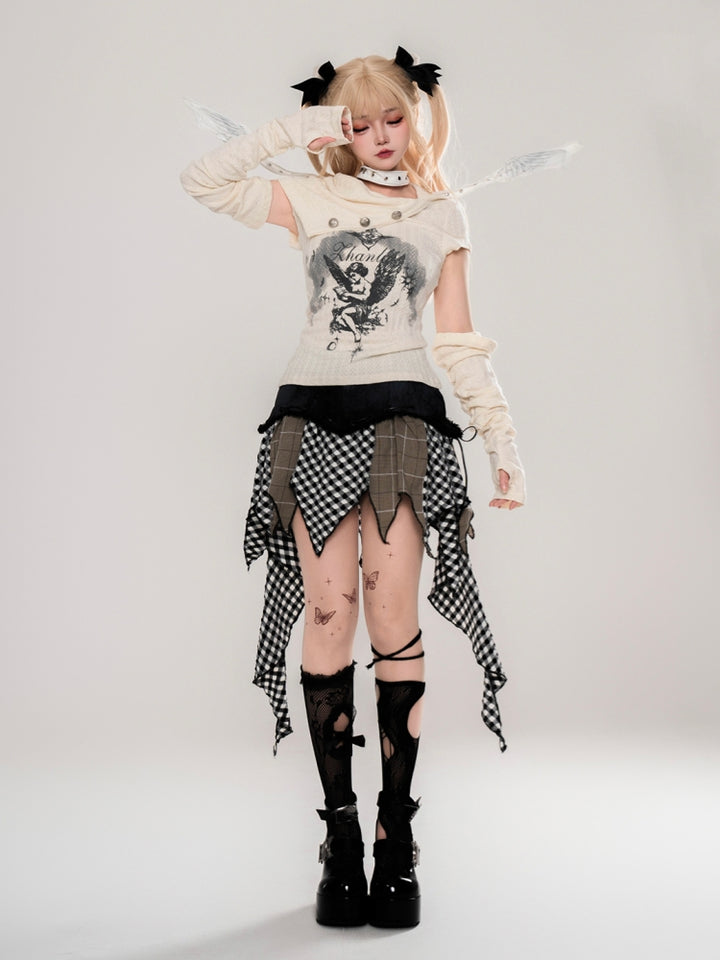 American-Style Hot Girl Plaid Patchwork Ribbon Denim Skirt