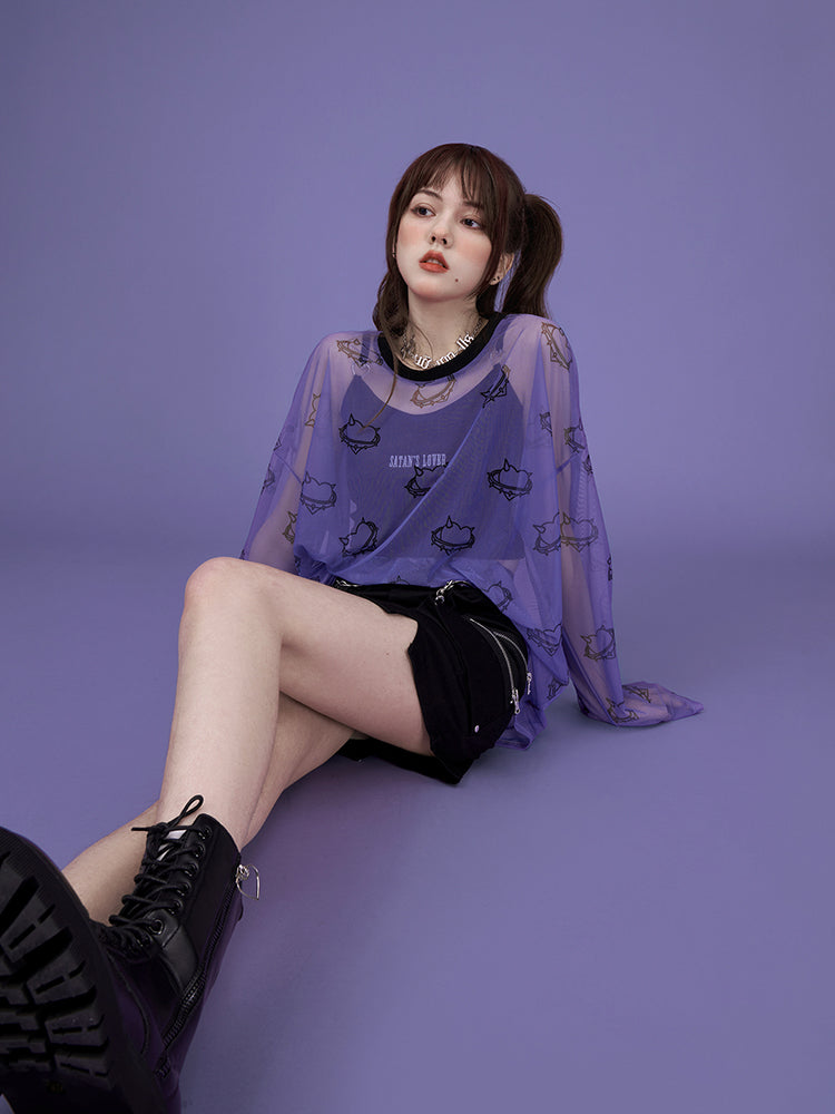 Lavender Loose Round Neck Printed Long-Sleeve Casual T-Shirt Blouse
