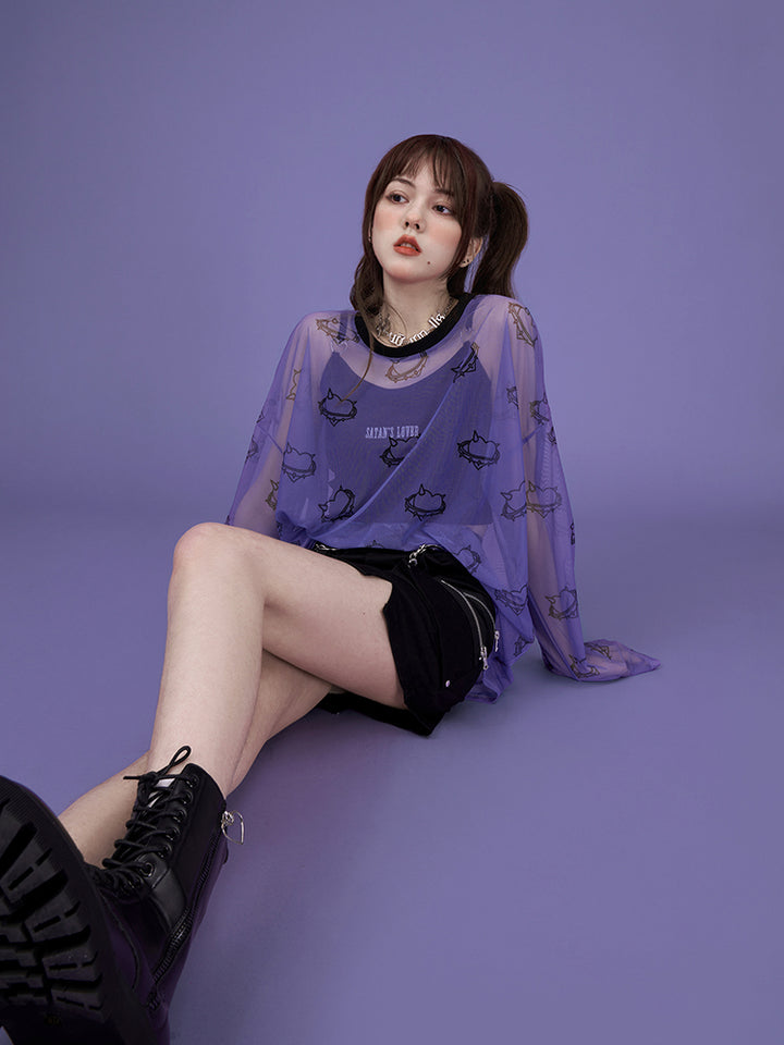 Lavender Loose Round Neck Printed Long-Sleeve Casual T-Shirt Blouse