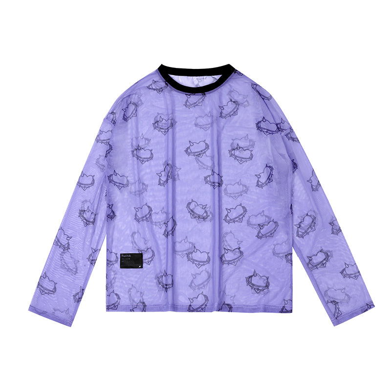 Lavender Loose Round Neck Printed Long-Sleeve Casual T-Shirt Blouse