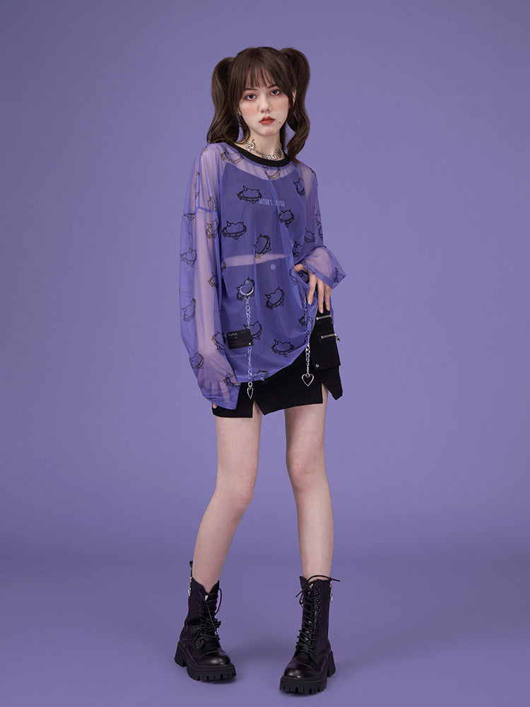Lavender Loose Round Neck Printed Long-Sleeve Casual T-Shirt Blouse