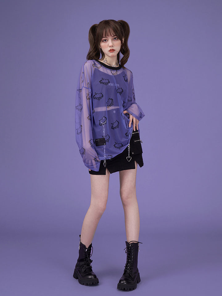 Lavender Loose Round Neck Printed Long-Sleeve Casual T-Shirt Blouse