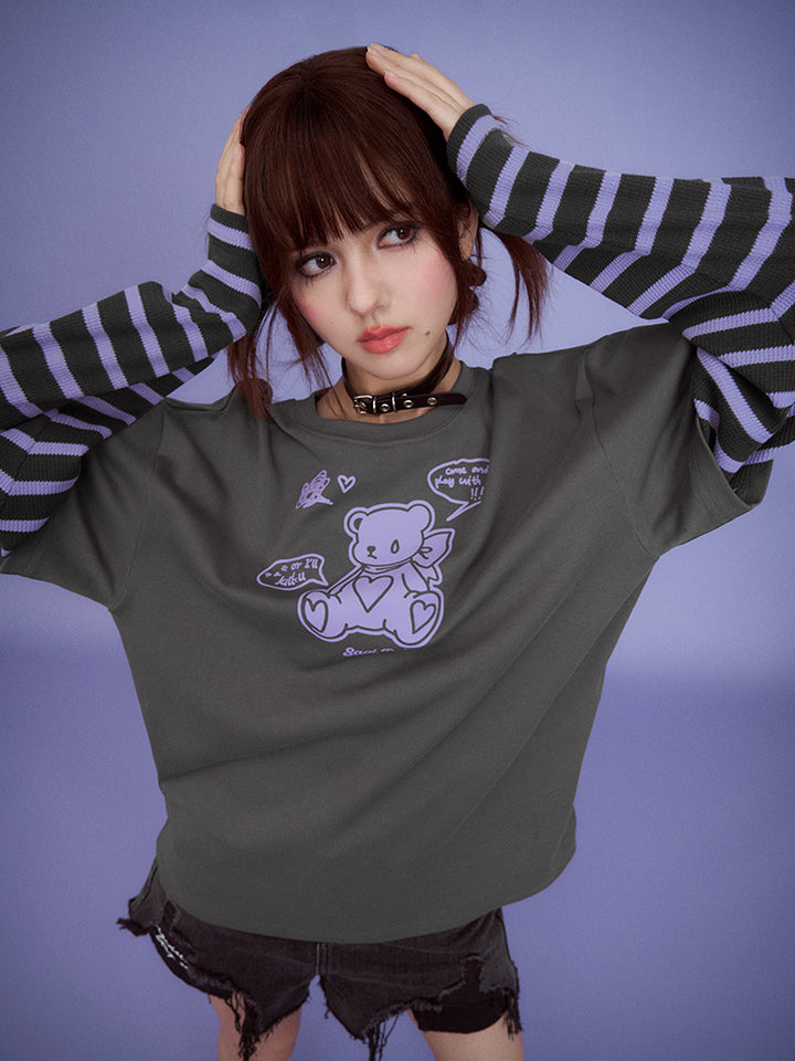 Gray-Purple Super Cute Bear Patchwork Fake Two-Piece Long-Sleeve T-Shirt