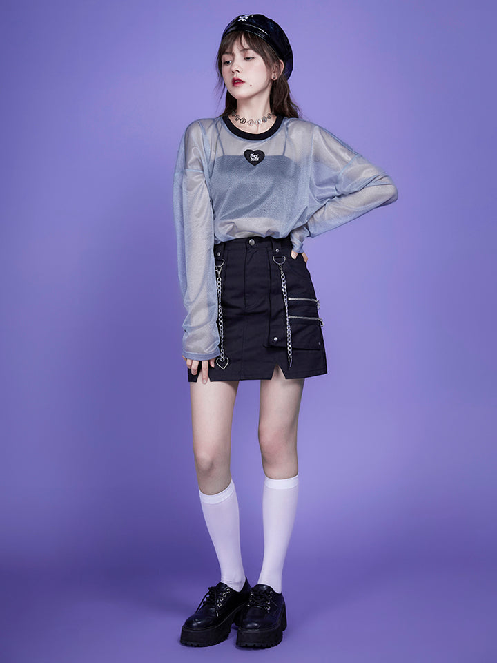 Gray-Blue Mesh T-Shirt Hoodie Style Blouse