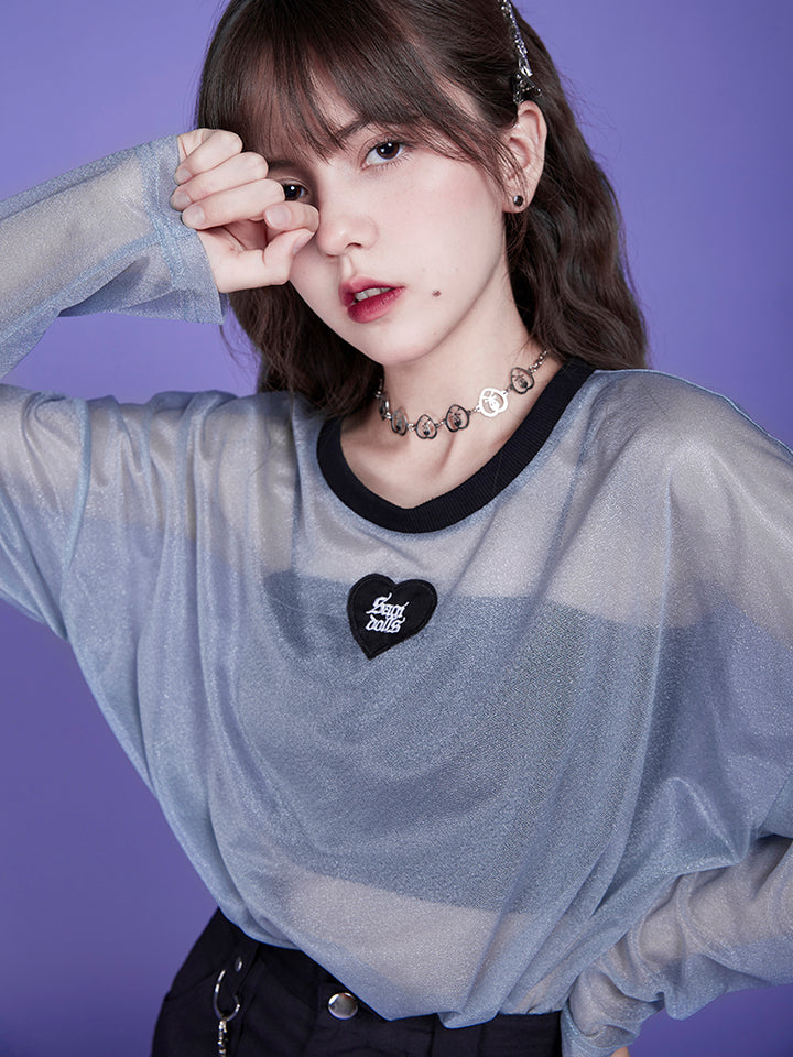 Gray-Blue Mesh T-Shirt Hoodie Style Blouse