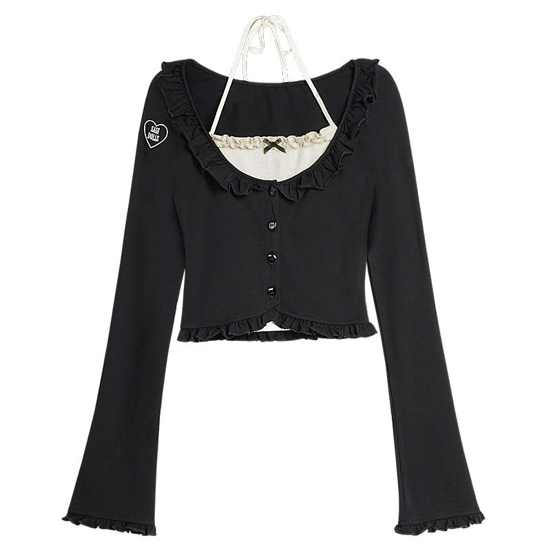 Black Halter Neck Fake Two-Piece Cardigan Slimming Top