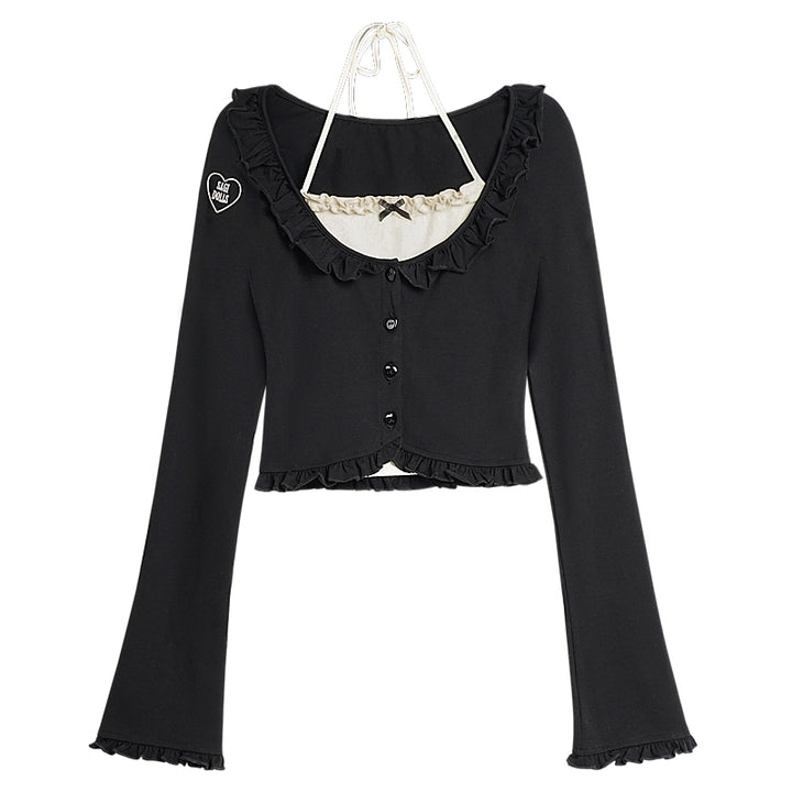 Black Halter Neck Fake Two-Piece Cardigan Slimming Top