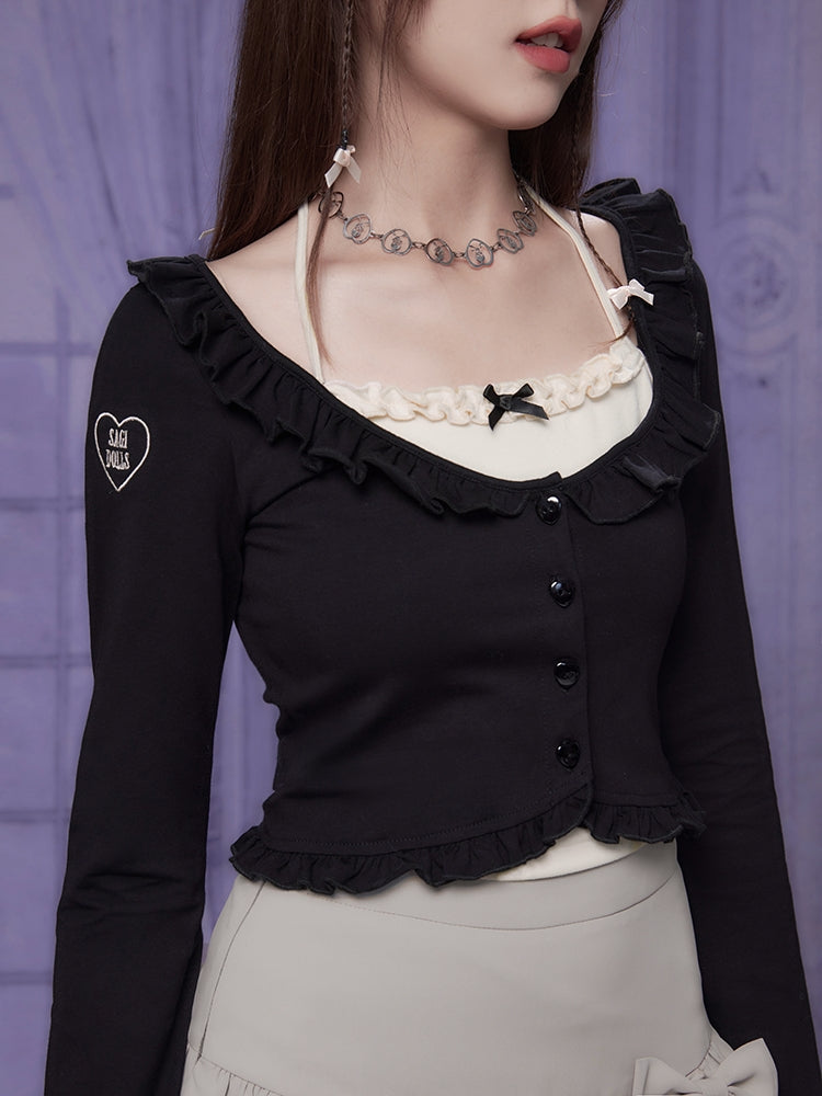 Black Halter Neck Fake Two-Piece Cardigan Slimming Top