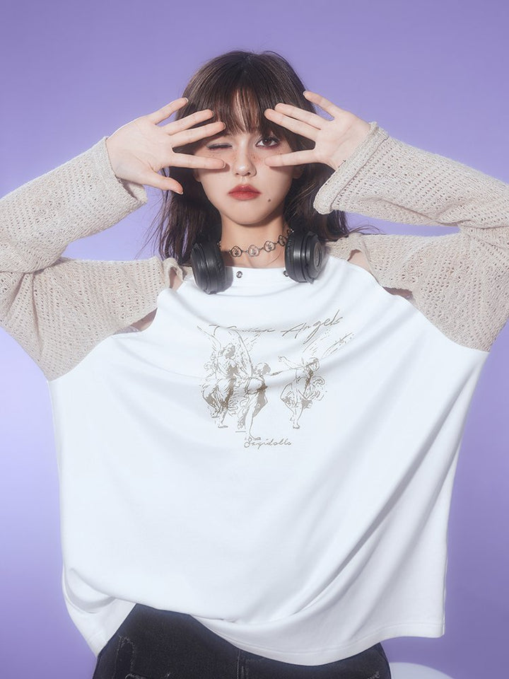 Slimming Boyfriend Style Angel Print Knitted Loose T-Shirt for Spring Autumn