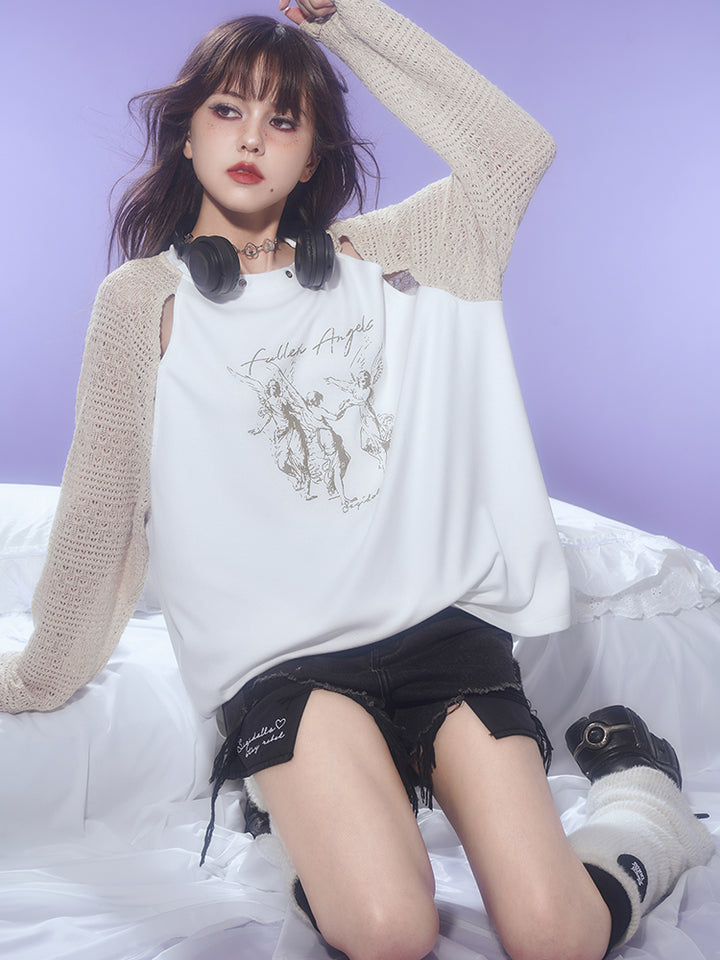 Slimming Boyfriend Style Angel Print Knitted Loose T-Shirt for Spring Autumn