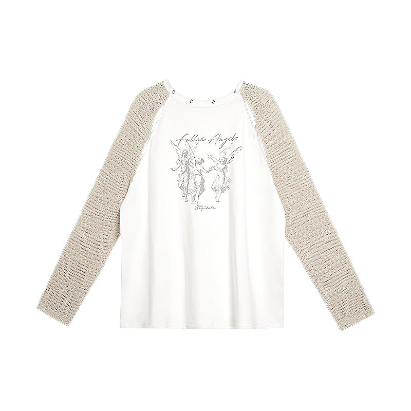 Slimming Boyfriend Style Angel Print Knitted Loose T-Shirt for Spring Autumn