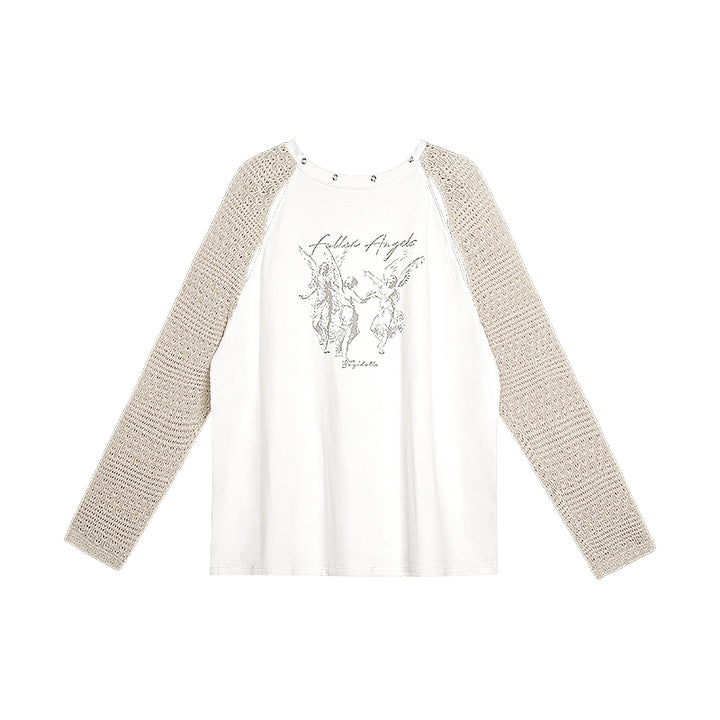 Slimming Boyfriend Style Angel Print Knitted Loose T-Shirt for Spring Autumn