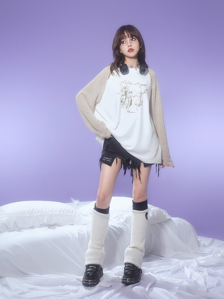 Slimming Boyfriend Style Angel Print Knitted Loose T-Shirt for Spring Autumn