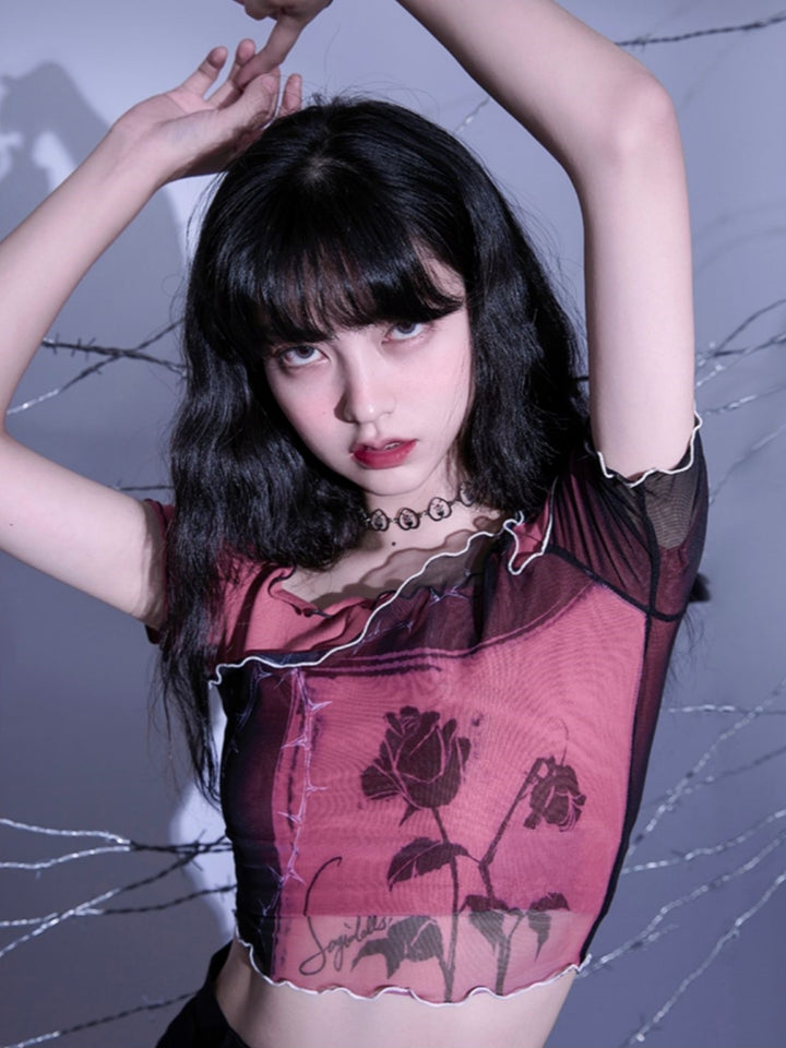 Dark Gothic Brick Red Rose Asymmetric Short-Sleeve Mesh Top Spring Summer