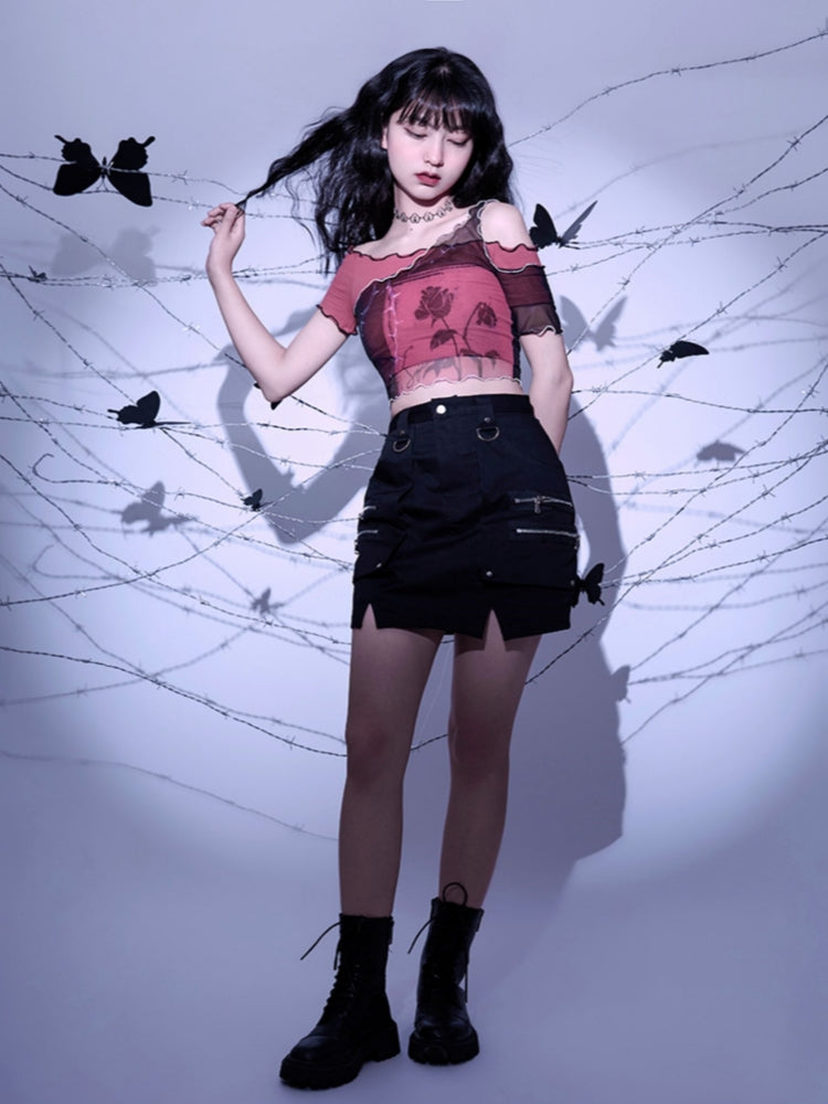 Dark Gothic Brick Red Rose Asymmetric Short-Sleeve Mesh Top Spring Summer