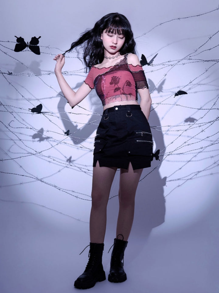 Dark Gothic Brick Red Rose Asymmetric Short-Sleeve Mesh Top Spring Summer