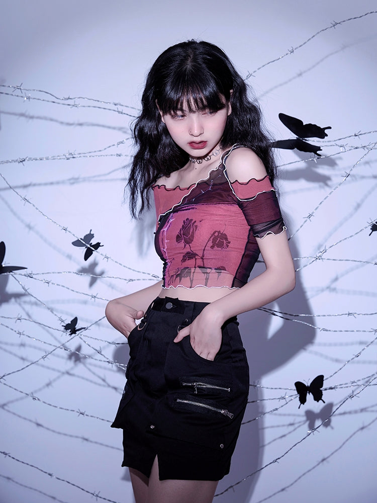 Dark Gothic Brick Red Rose Asymmetric Short-Sleeve Mesh Top Spring Summer