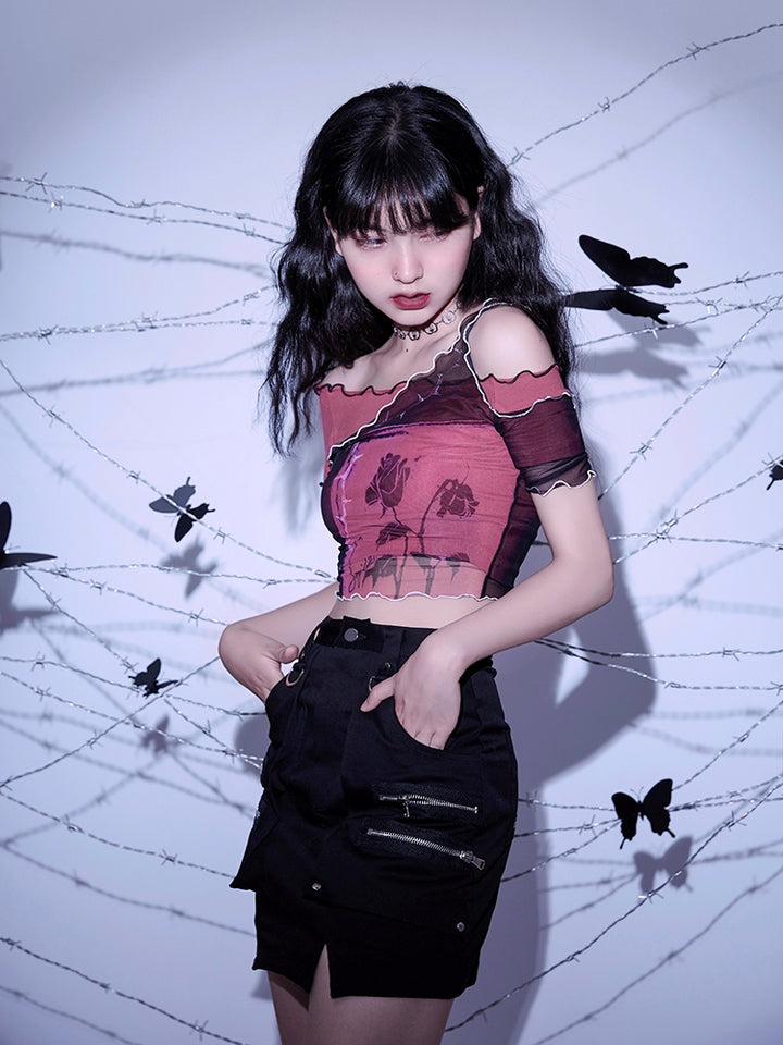 Dark Gothic Brick Red Rose Asymmetric Short-Sleeve Mesh Top Spring Summer