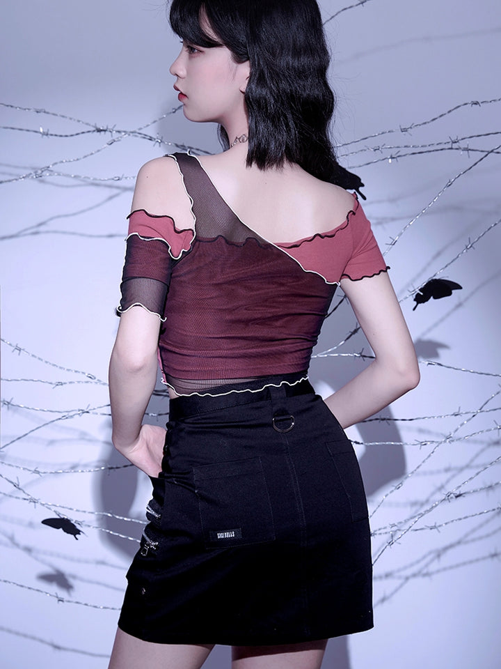 Dark Gothic Brick Red Rose Asymmetric Short-Sleeve Mesh Top Spring Summer