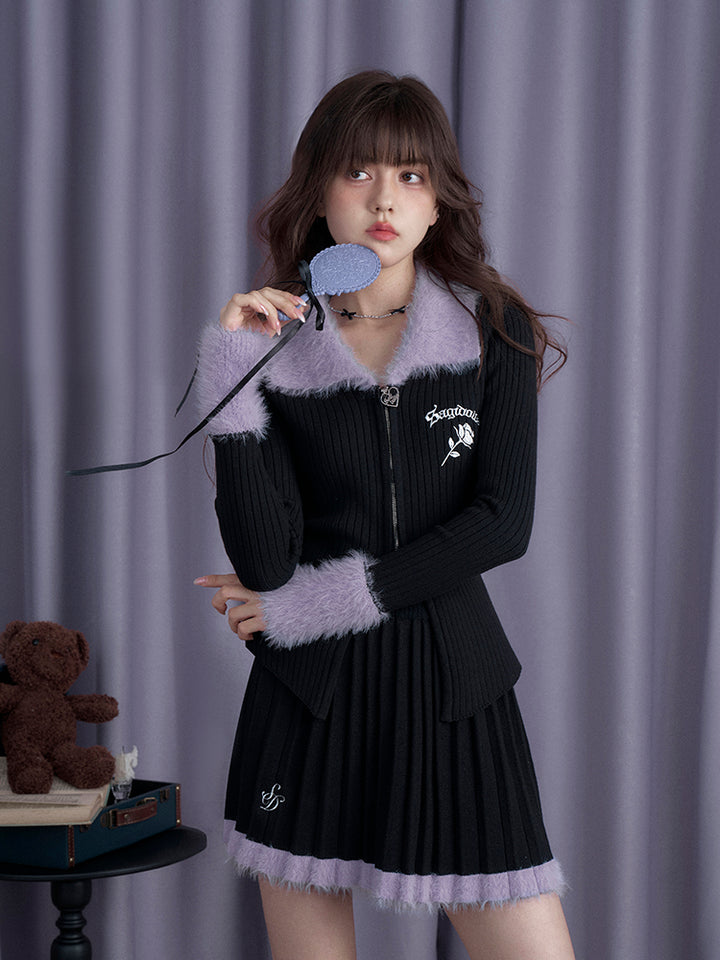 Black and Purple Knitted Slim Fit Cardigan Short Skirt for Winter