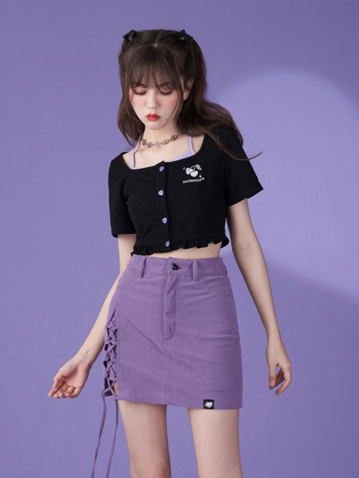 Purple-Black Cherry Halter Neck Fake Two-Piece Short Cardigan Top